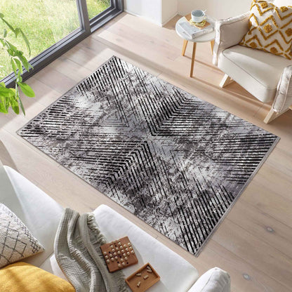 Tapis Vintage Géométrique Aspect Viscose Gris