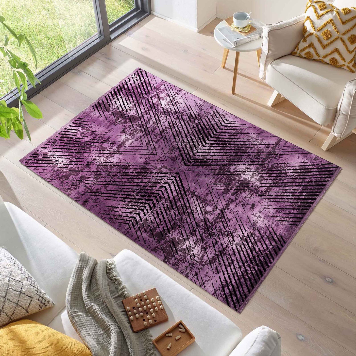 Tapis Vintage Géométrique Aspect Viscose Violet