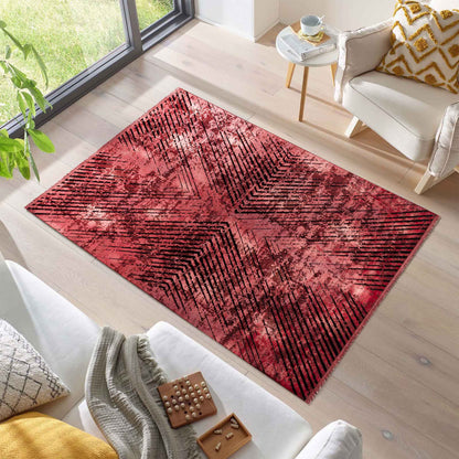 Tapis Vintage Géométrique Aspect Viscose Rouge