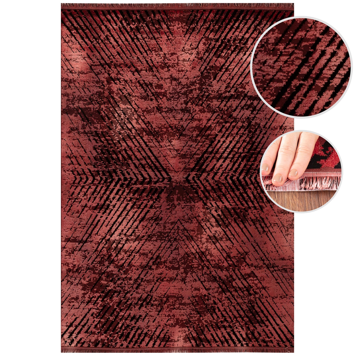 Tapis Vintage Géométrique Aspect Viscose Rouge