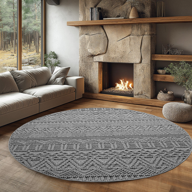 Tapis Rond bouclés à relief ETHNIK Gris – STUDIO DECO
