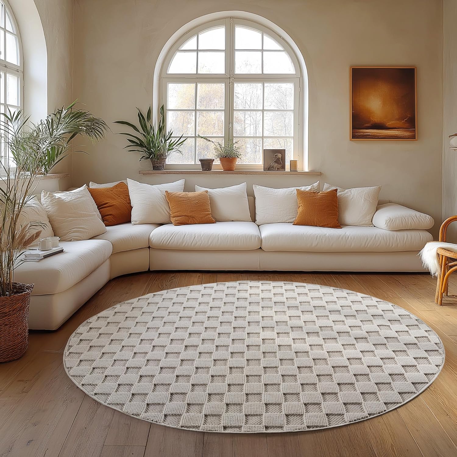 Tapis Rond bouclés à relief DAMIER Crème – STUDIO DECO