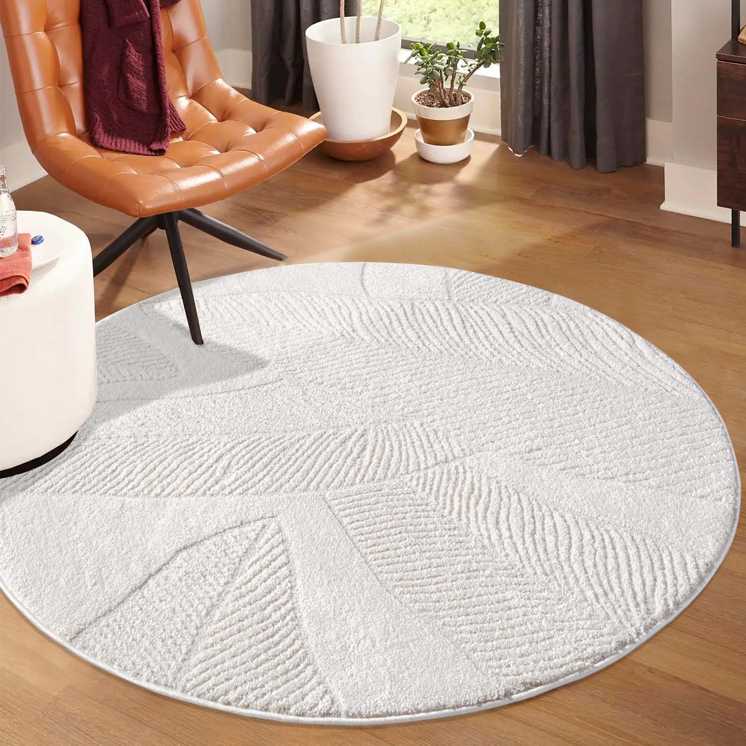 Tapis Rond à motifs en relief - LEAF Crème – STUDIO DECO