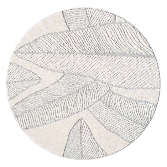 Tapis LEAF Rond à motifs feuillage en relief - Crème et Gris