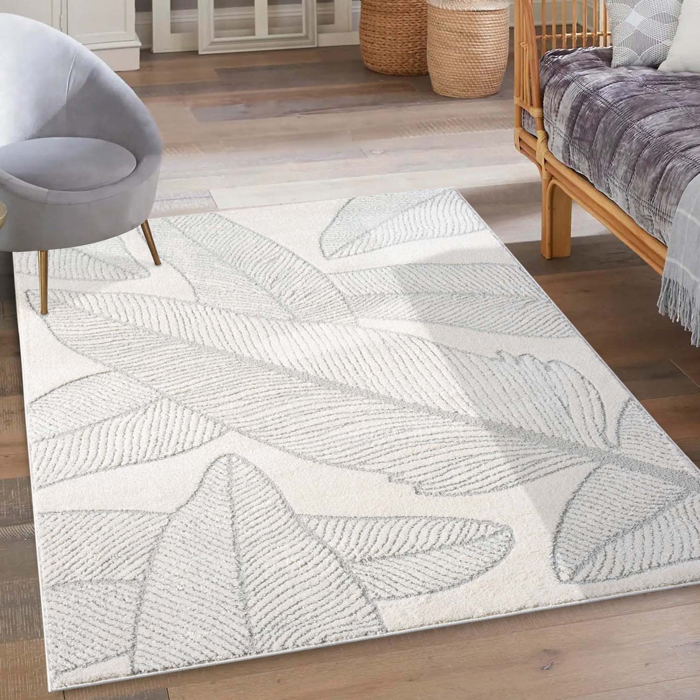 Tapis LEAF à motifs feuillage en relief - Crème et Gris