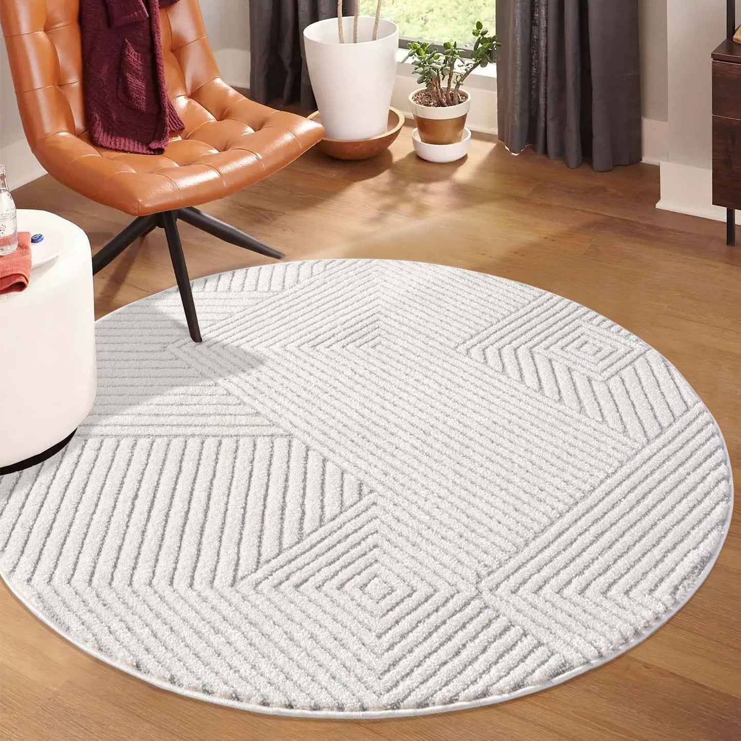 Tapis EMY Rond à motifs géométrique en relief - Crème et Gris