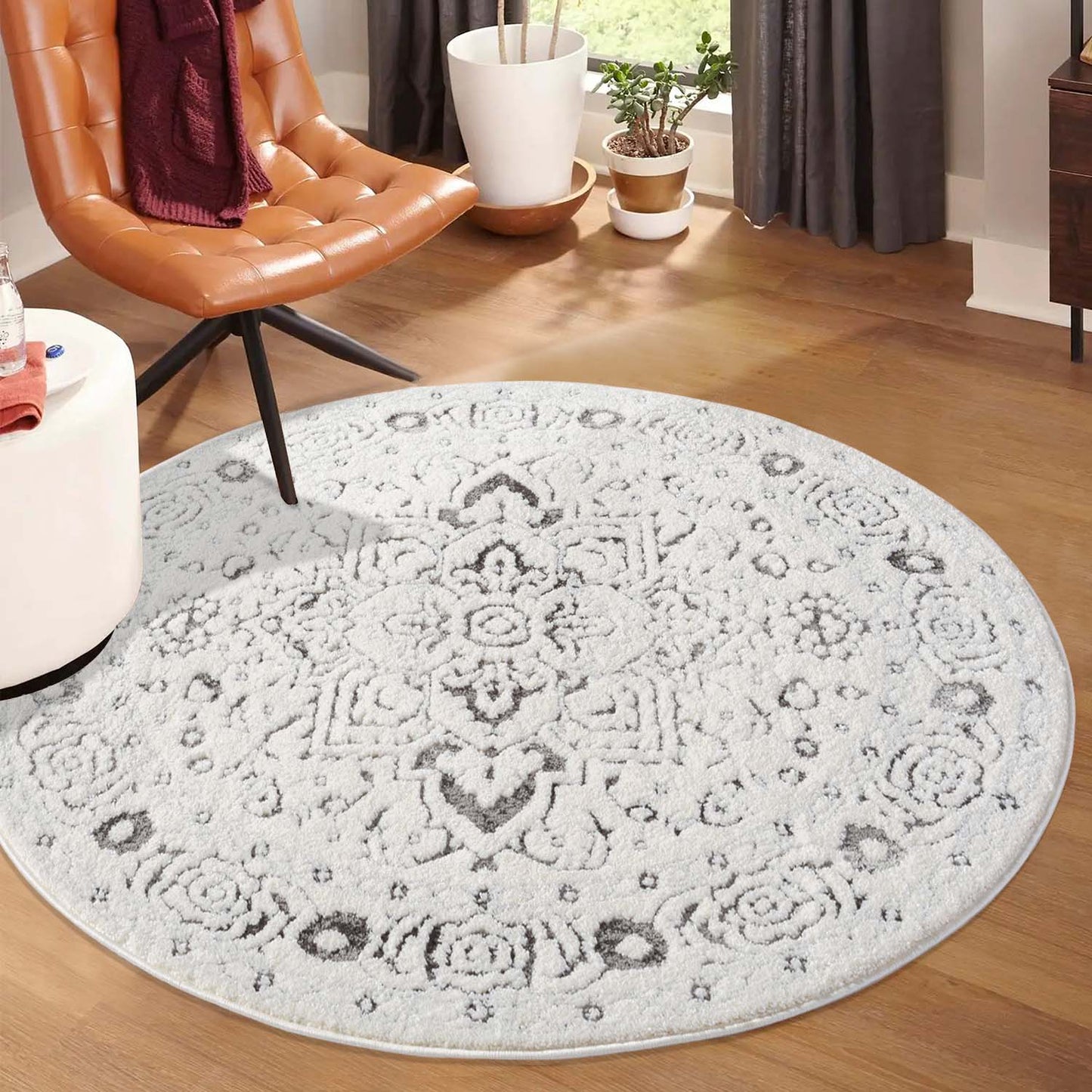 Tapis SORA Rond à motifs vintage en relief - Crème et Gris