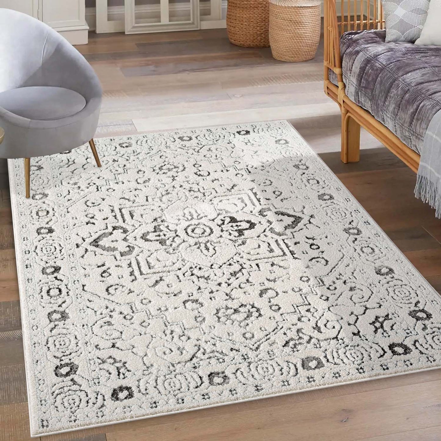 Tapis SORA à motifs vintage en relief - Crème et Gris