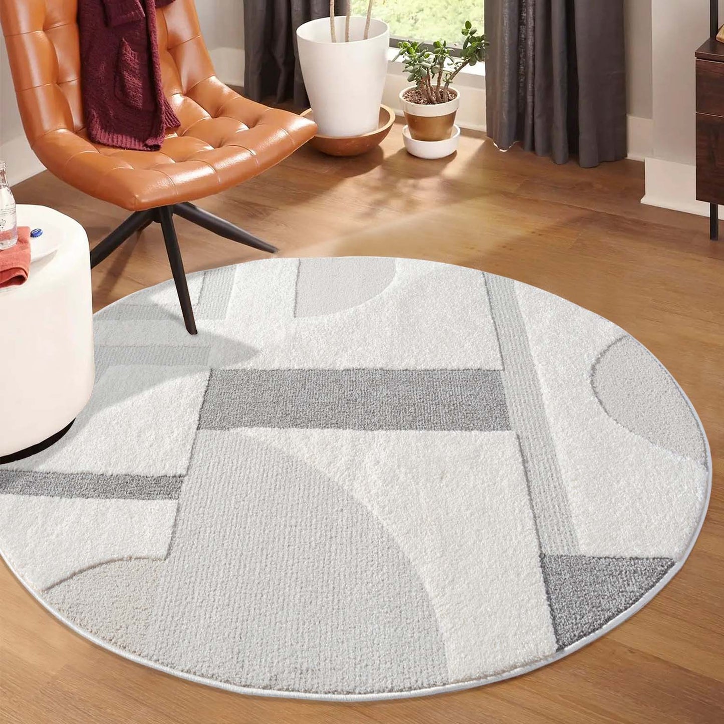 Tapis JAPAN Rond à motifs 3D en relief - Crème et Gris