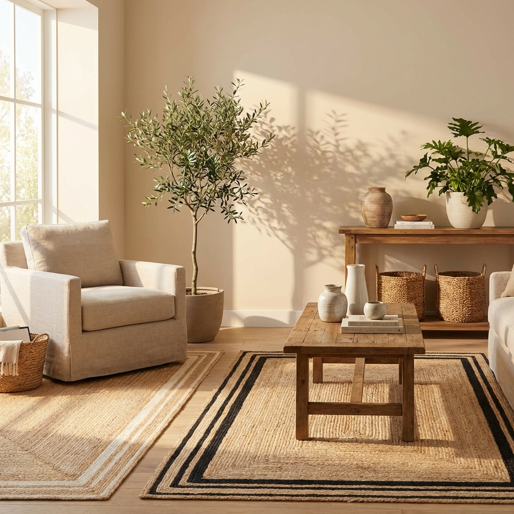 Tapis Jute Fait Main Naturel et Noir