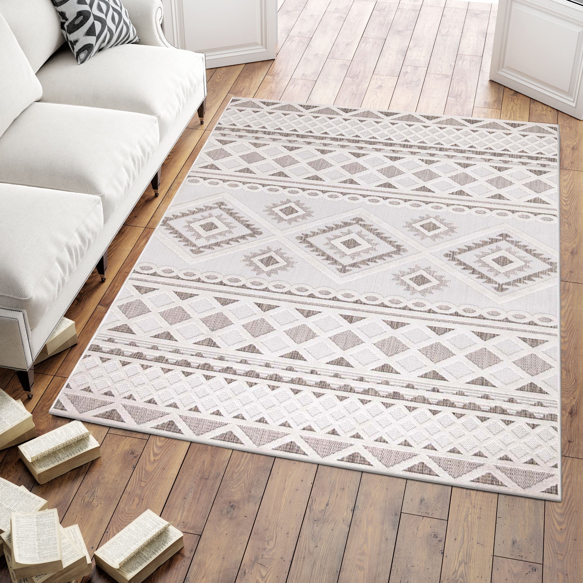 Tapis Intérieur/Extérieur à motif relief vintage Crème – STUDIO DECO