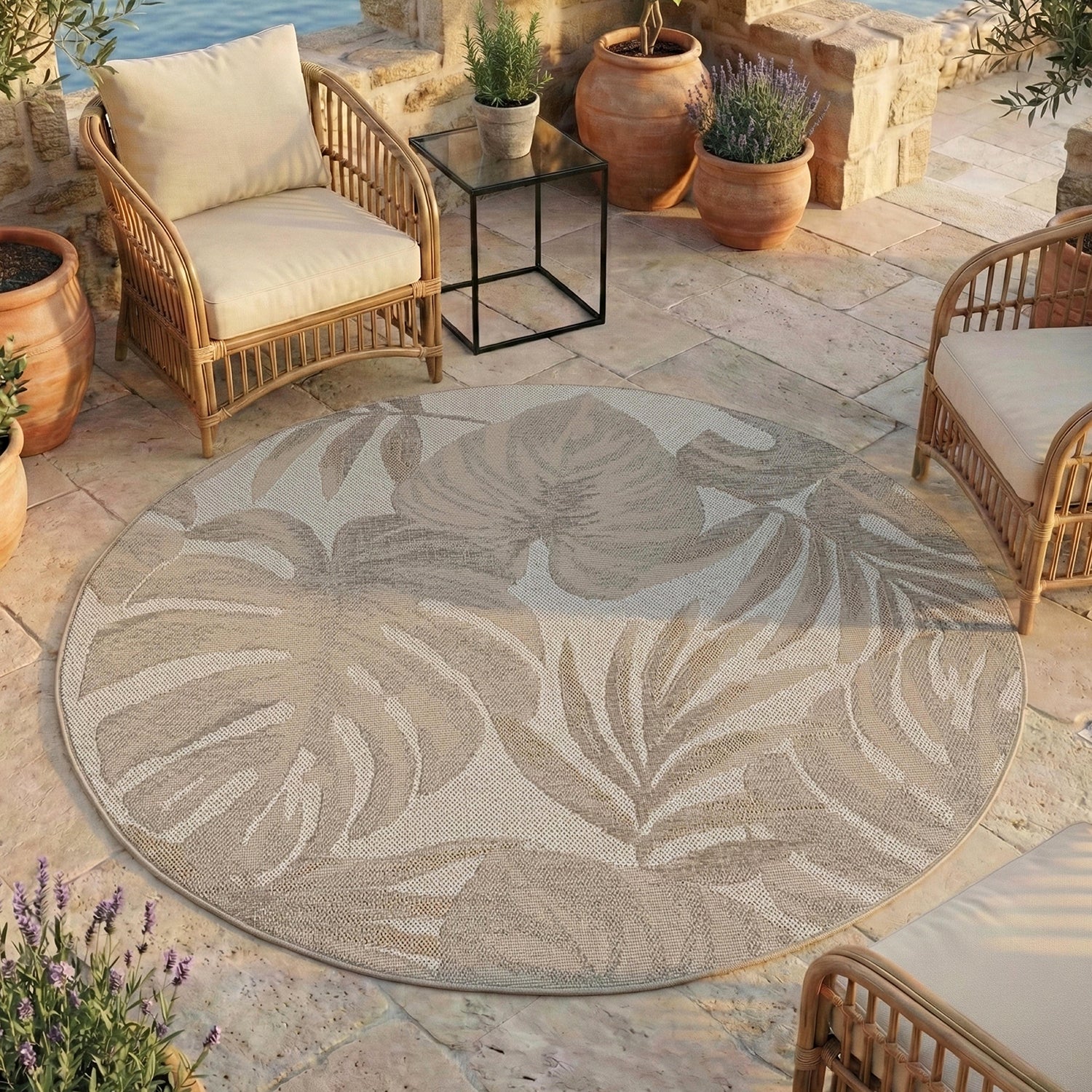 Tapis extérieur rond à motifs Plantes Beige