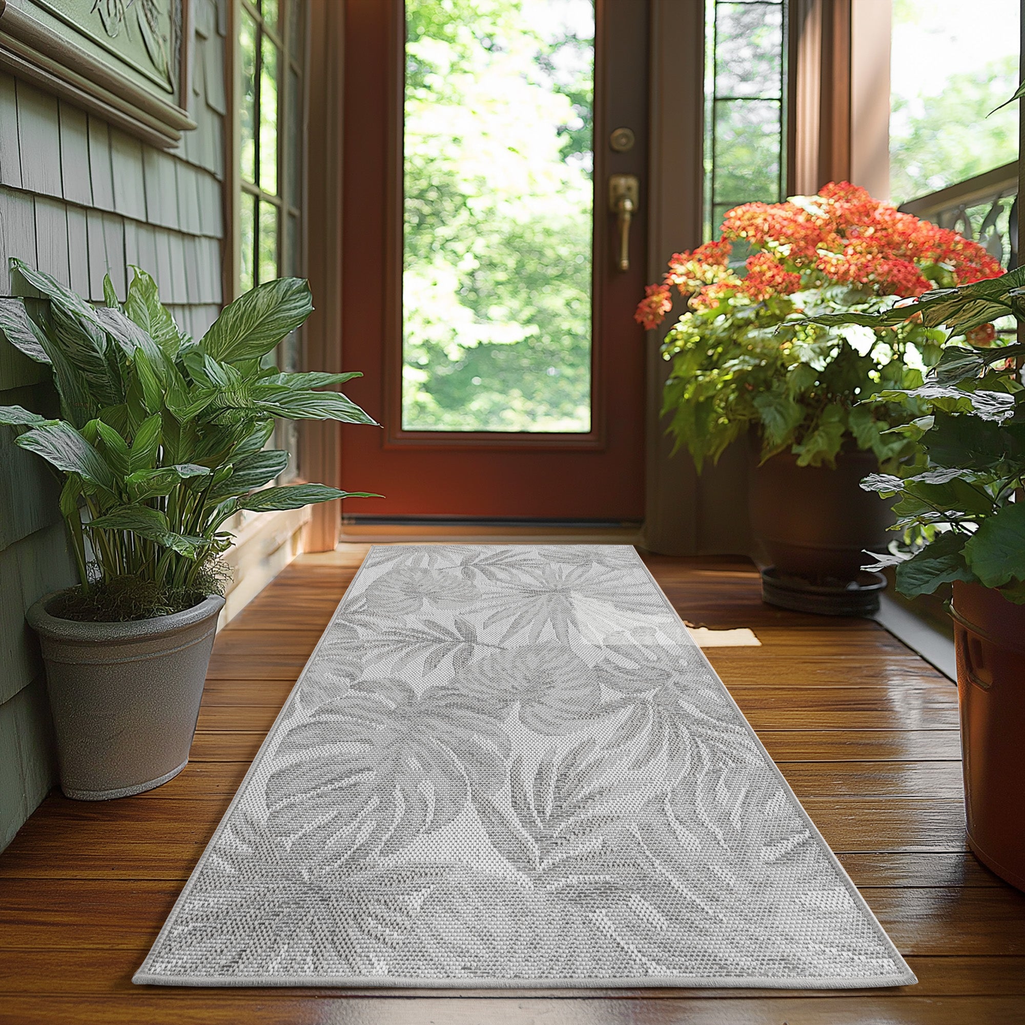 Tapis extérieur et intérieur à motifs Plantes Gris