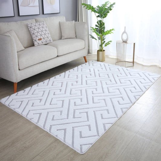 Tapis Peluche Doux à Relief Labyrinthe - Blanc et Base Gris