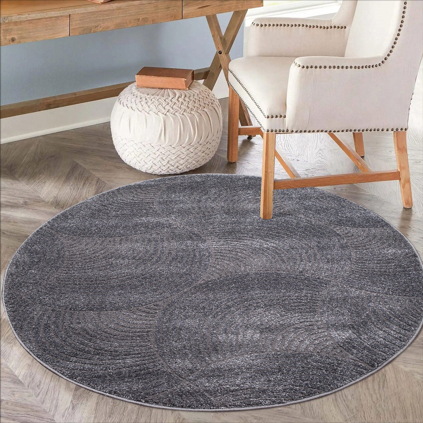 Tapis Rond uni à motifs Arc en relief - Gris