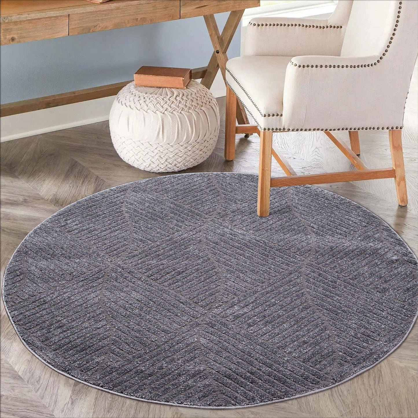 Tapis Rond à motifs géométriques en relief - Gris