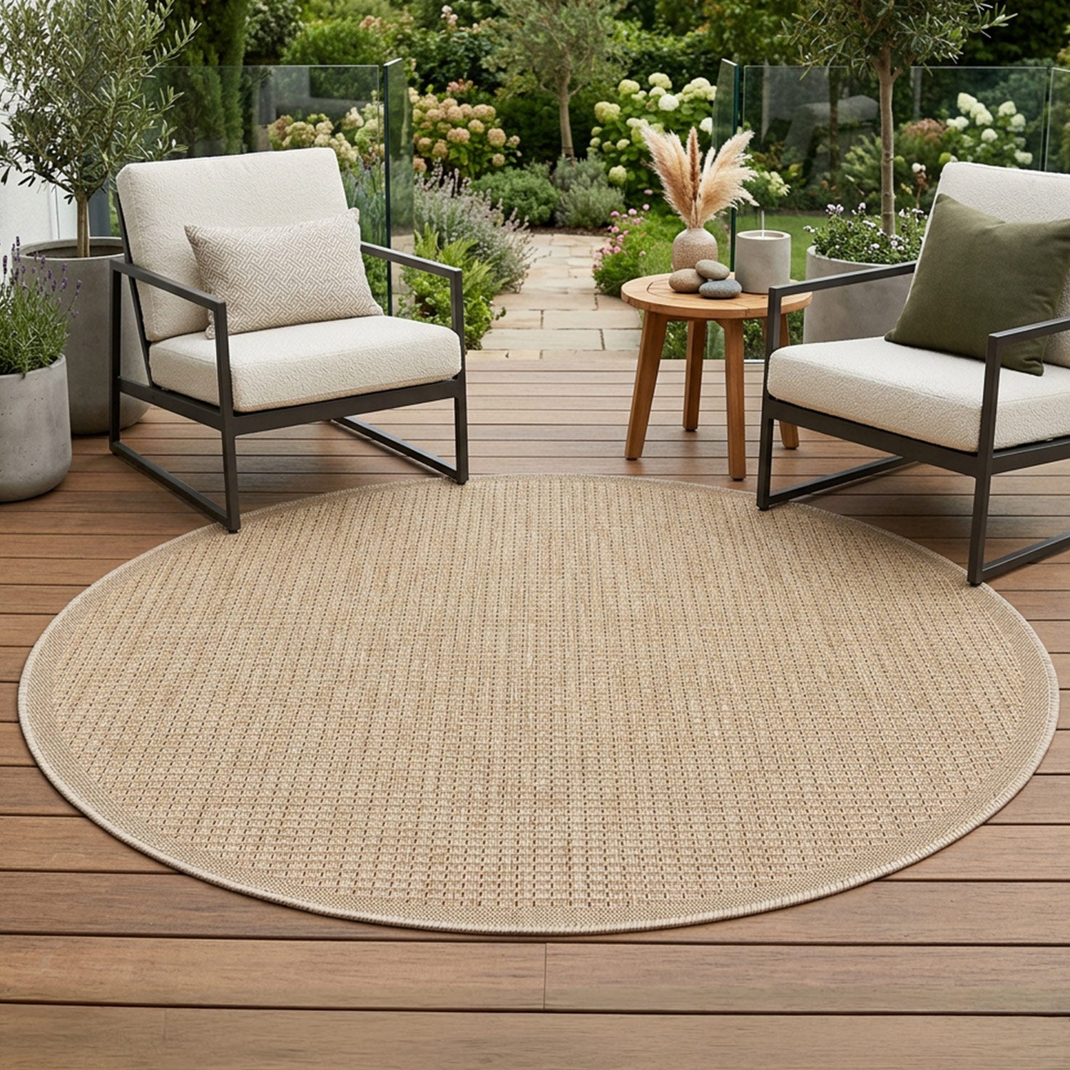 Tapis rond extérieur aspect jute structuré