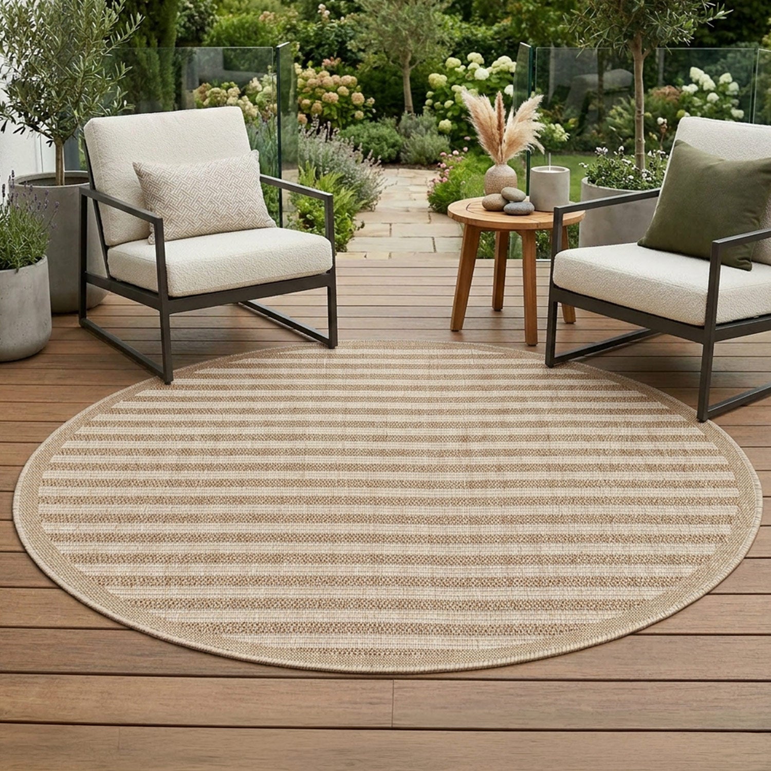 Tapis rond extérieur aspect jute à Lignes