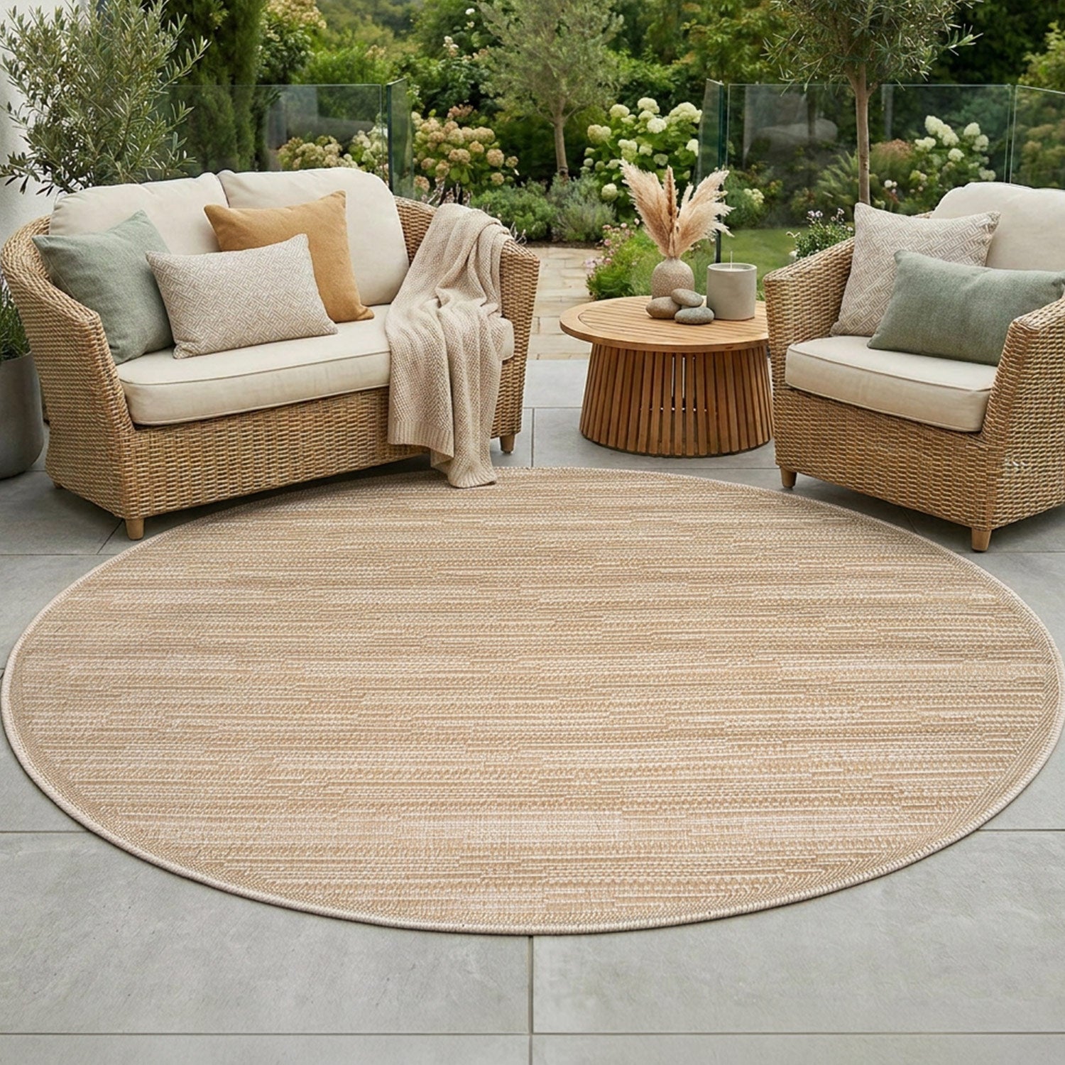 Tapis rond extérieur aspect jute rayés