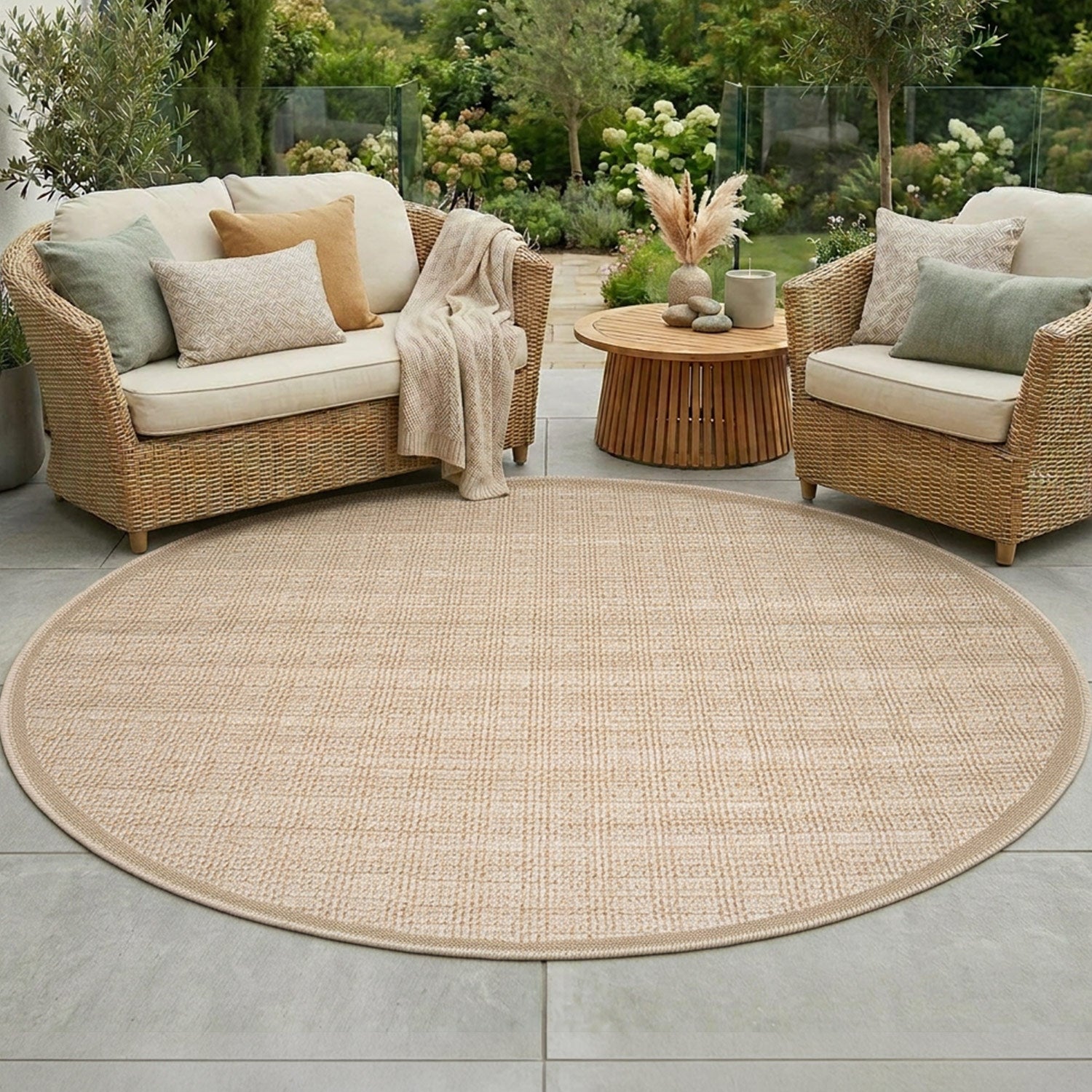 Tapis rond extérieur aspect jute tissé