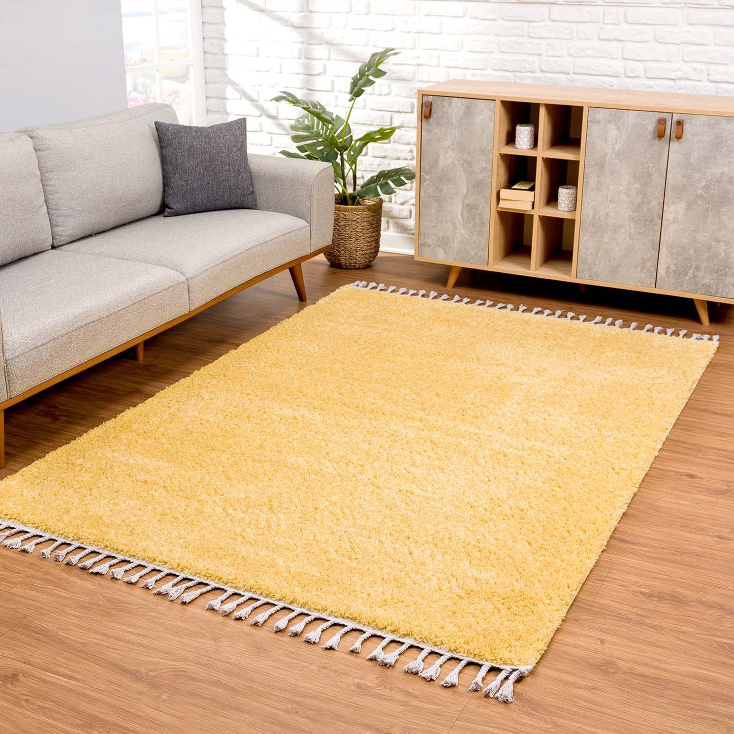 Tapis moelleux à franges tressées - Jaune