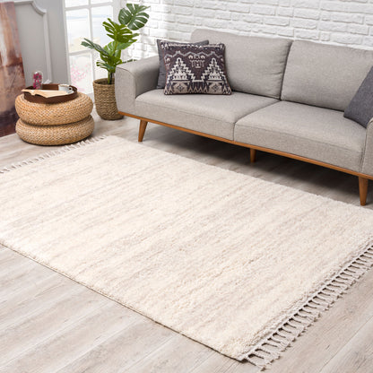 Tapis moelleux chiné à franges tressées - Ecru