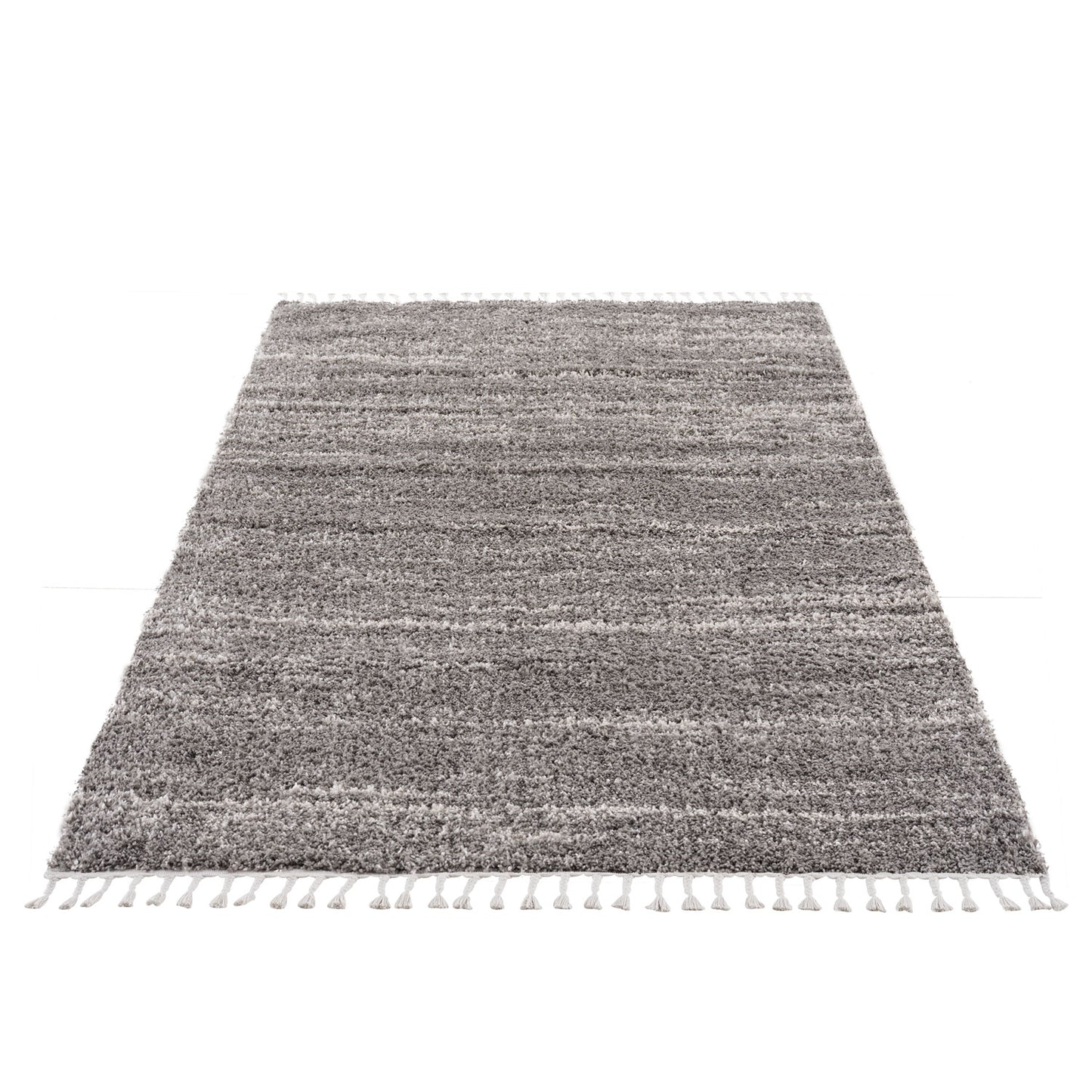 Tapis moelleux chiné à franges tressées - Gris