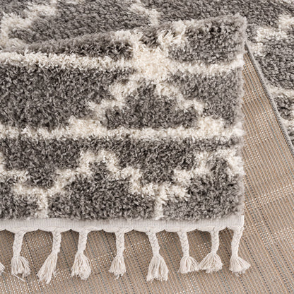 Tapis moelleux à franges tressées Rust - Gris