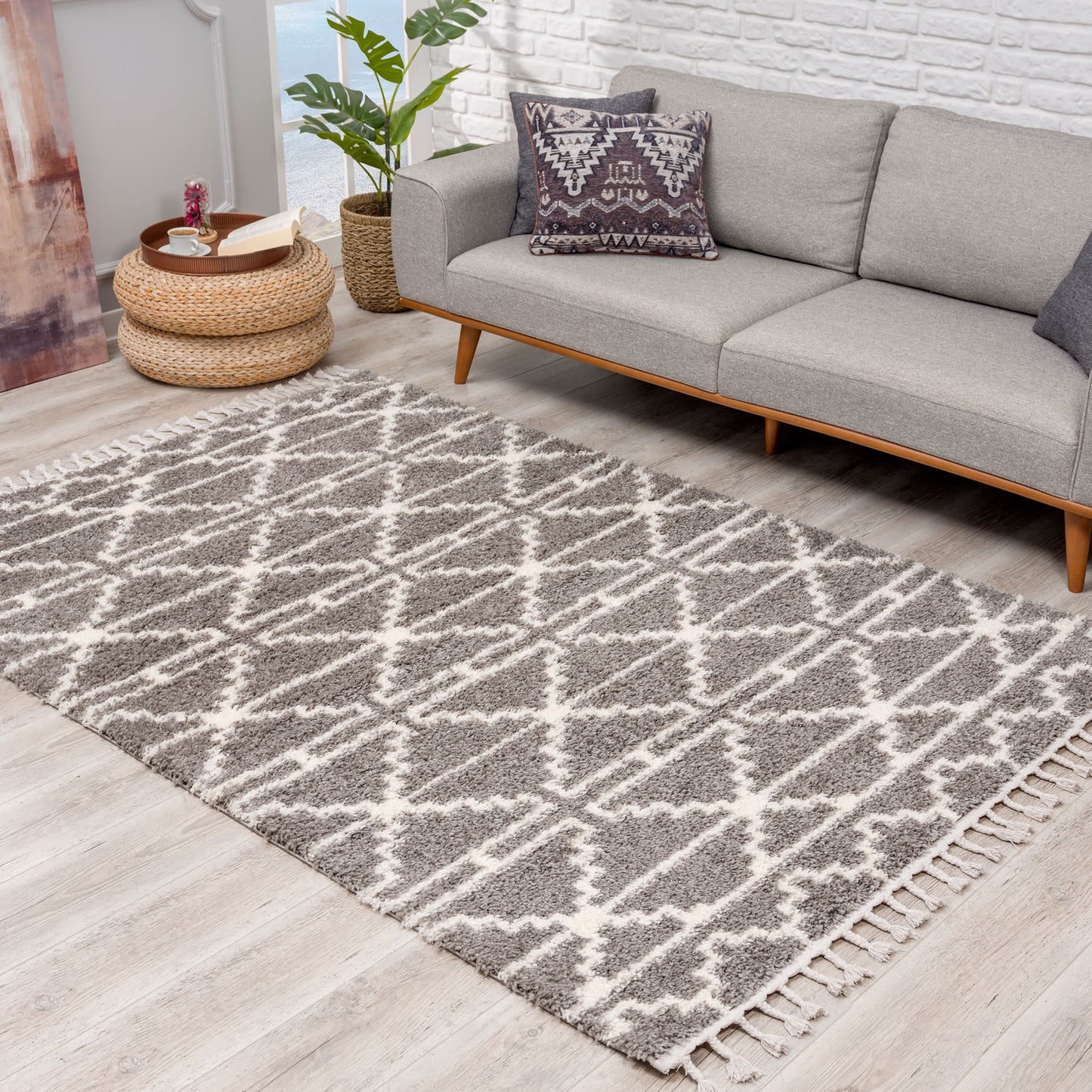 Tapis moelleux à franges tressées Rust - Gris