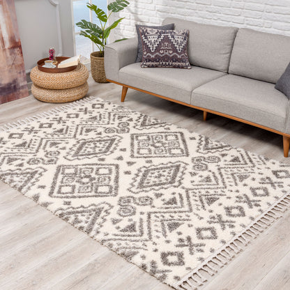 Tapis moelleux à franges tressées Berbère - Crème