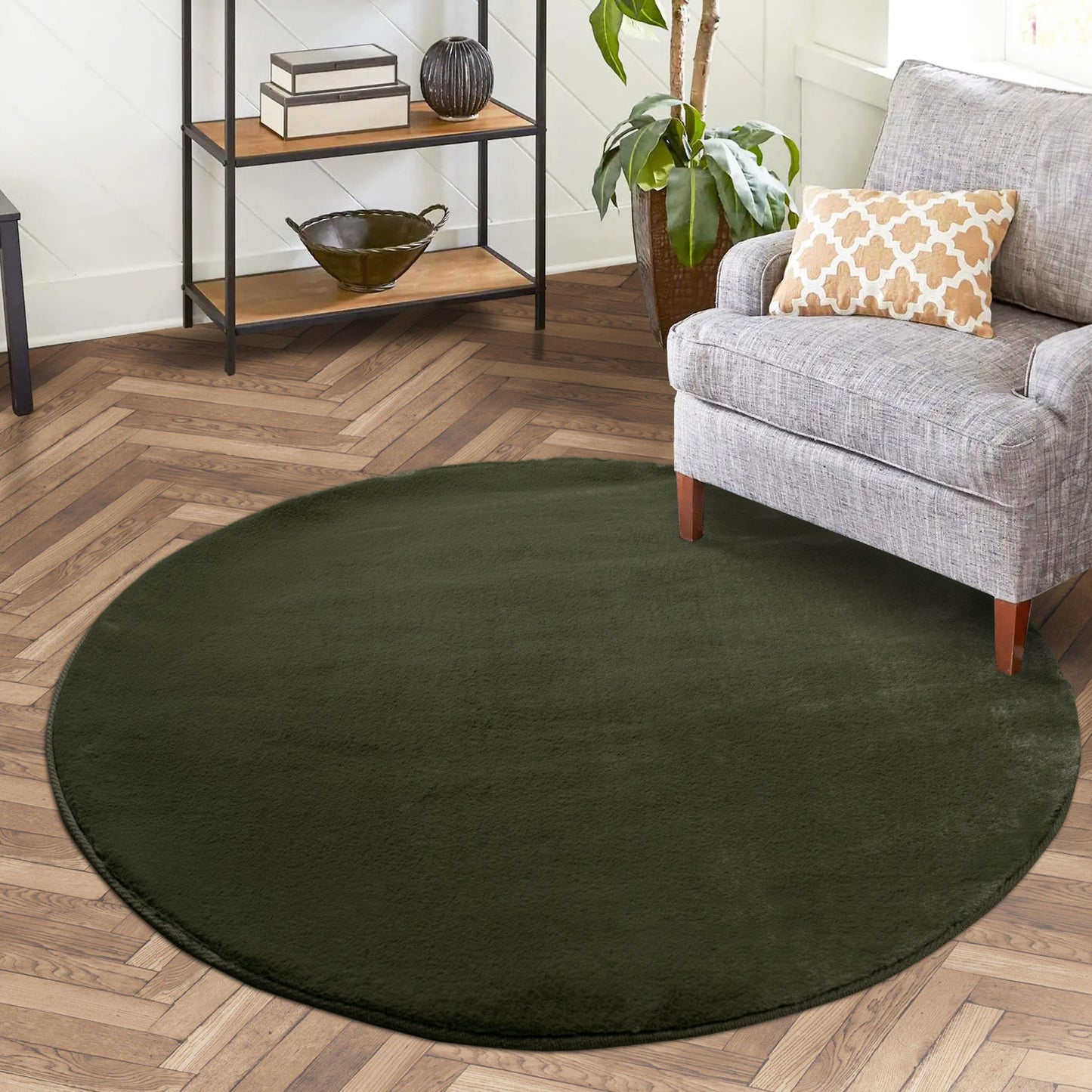 Tapis de Fourrure Rond Velours Vert Forêt