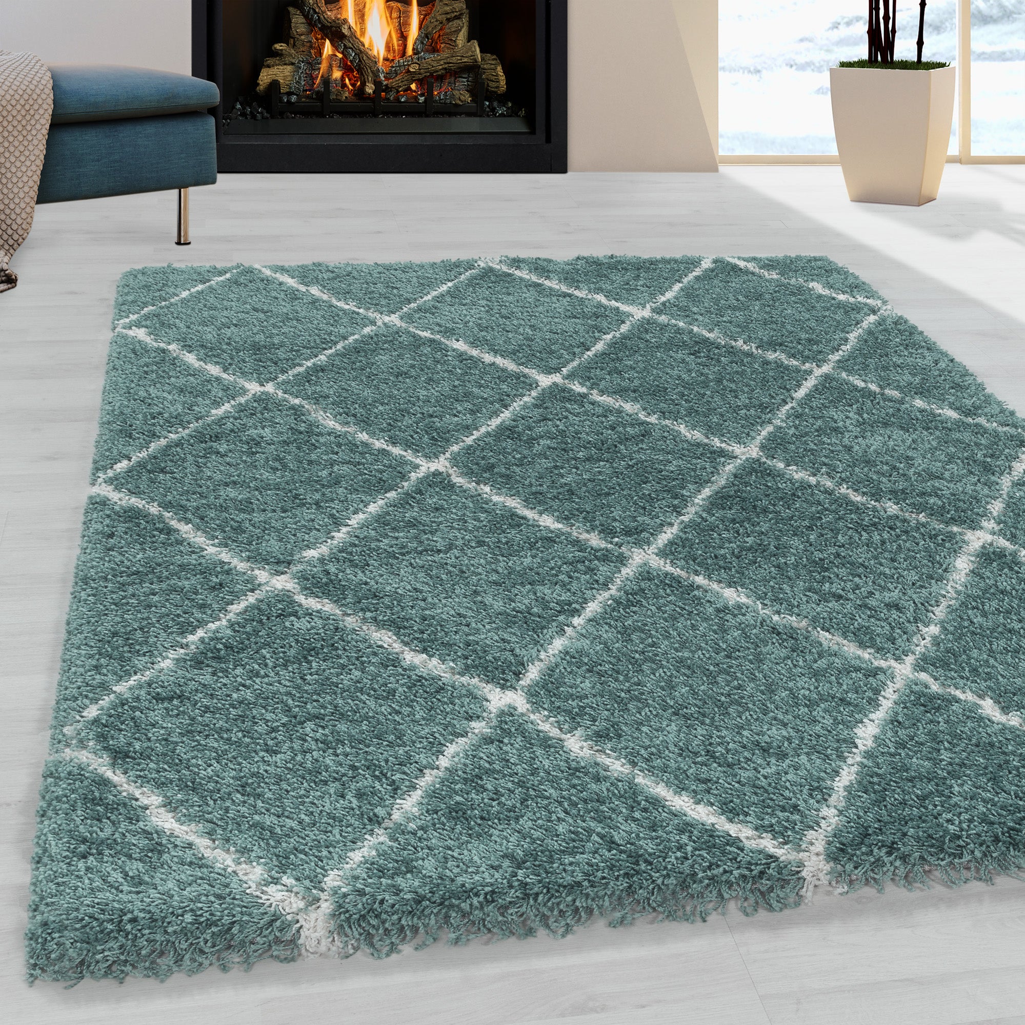 Tapis à poils longs Bleu et motifs losanges Ivoire – STUDIO DECO