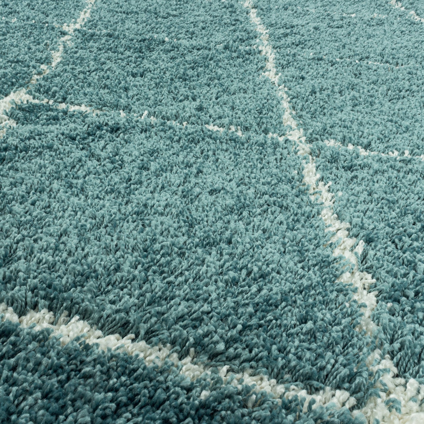 Tapis à poils longs Bleu et motifs losanges Ivoire