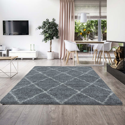 Tapis à poils longs Gris et motifs losanges Blanc