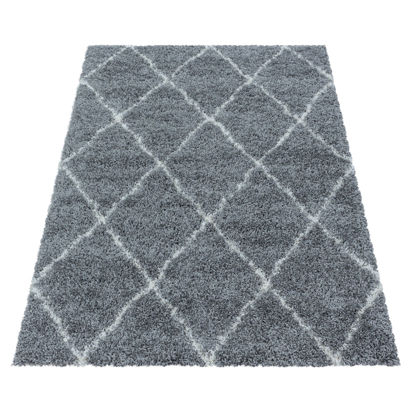 Tapis à poils longs Gris et motifs losanges Blanc