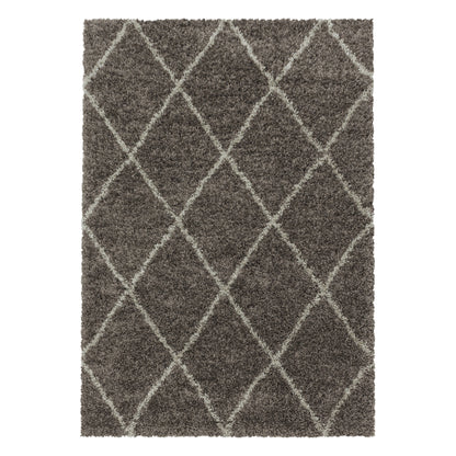 Tapis à poils longs Taupe et motifs losanges Ivoire