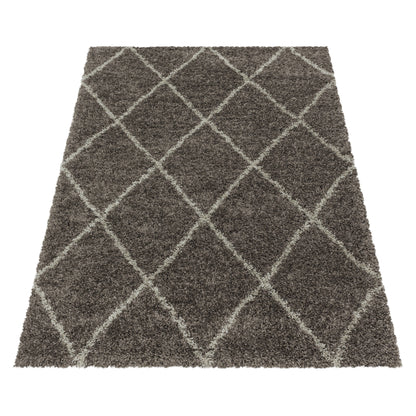 Tapis à poils longs Taupe et motifs losanges Ivoire