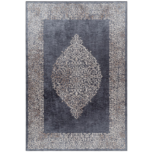 Tapis Baroque Noir et Beige lavable en machine