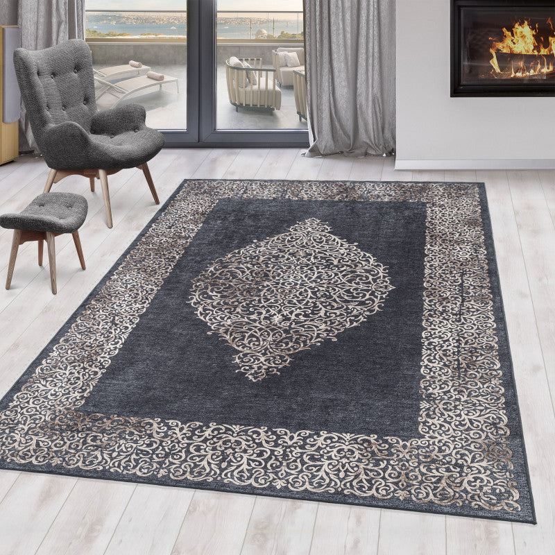 Tapis Baroque Noir et Beige lavable en machine – STUDIO DECO