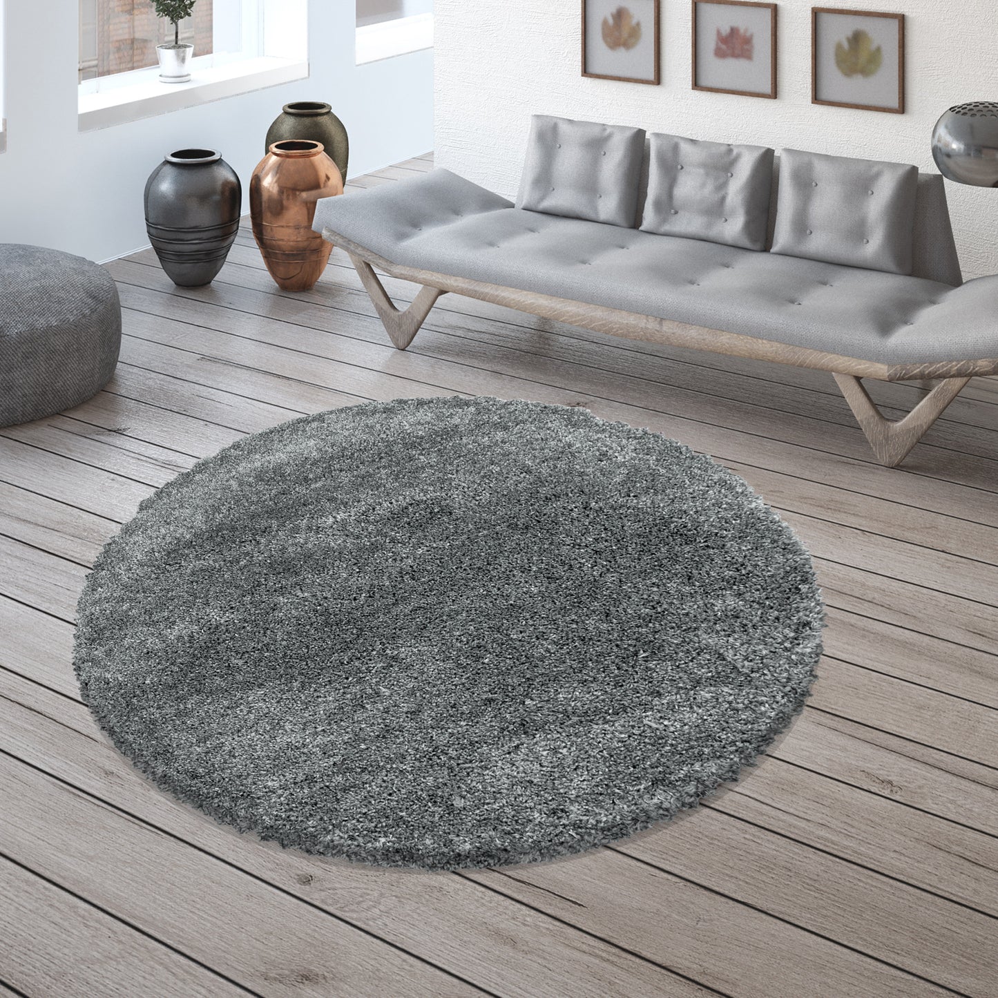 Tapis Rond à poils longs COSY - Gris clair