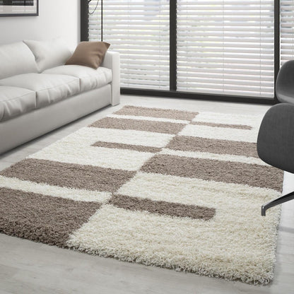 Tapis Shaggy à motifs Traits - Beige et ivoire