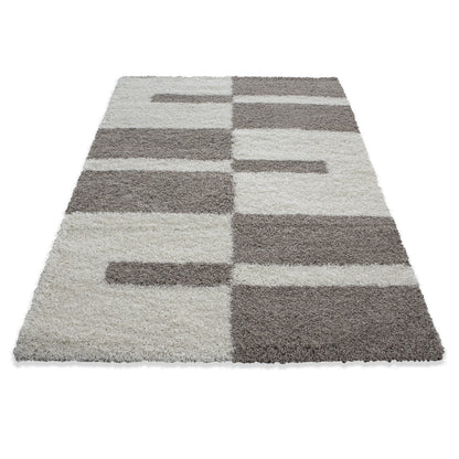 Tapis Shaggy à motifs Traits - Beige et ivoire