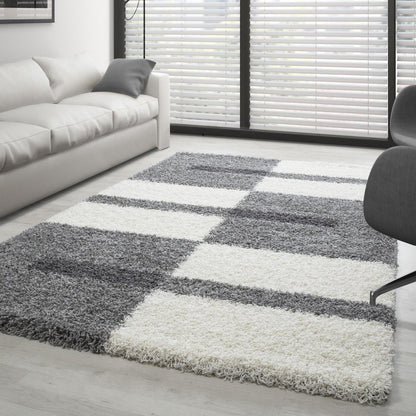 Tapis Shaggy à motifs Traits - Gris clair et Ivoire