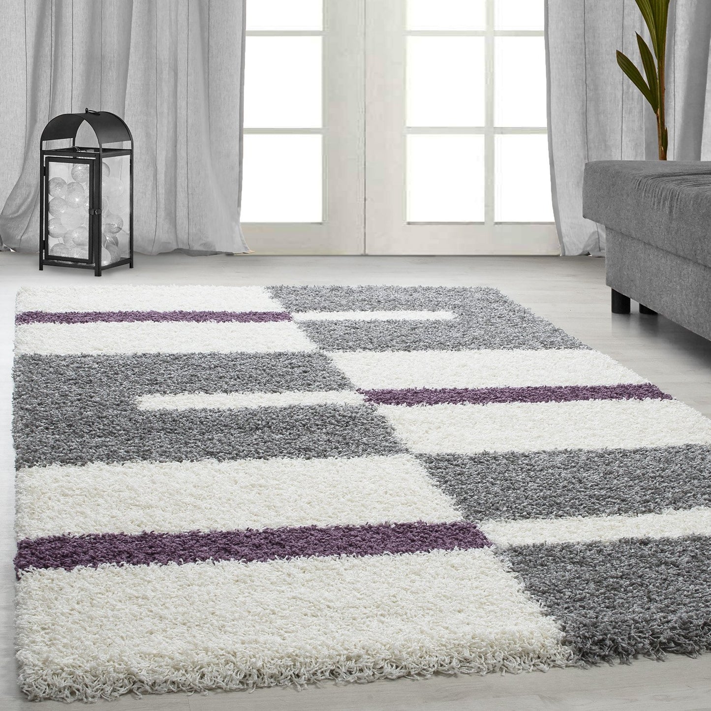 Tapis Shaggy à motifs Traits - Lila et Gris