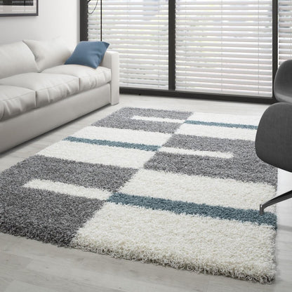 Tapis Shaggy à motifs Traits - Turquoise et Gris