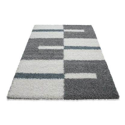 Tapis Shaggy à motifs Traits - Turquoise et Gris