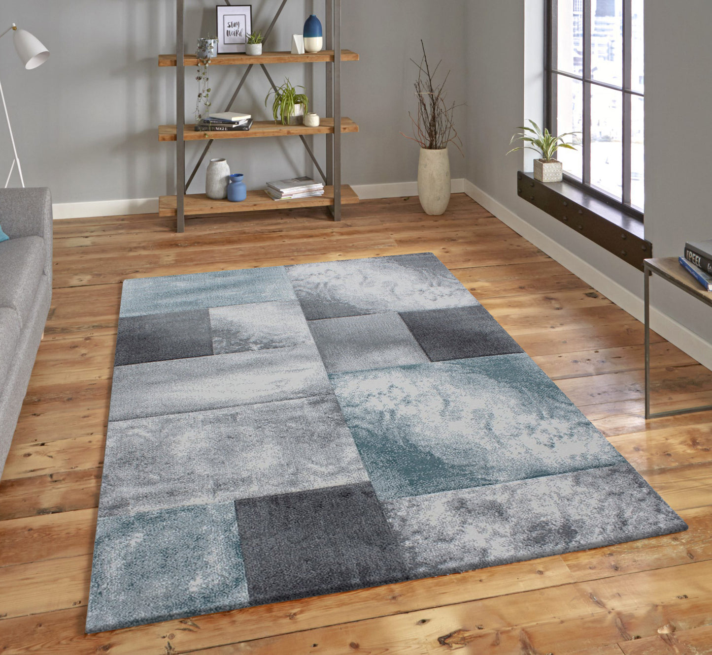 Tapis Géométrique effet vieilli - Gris et Bleu