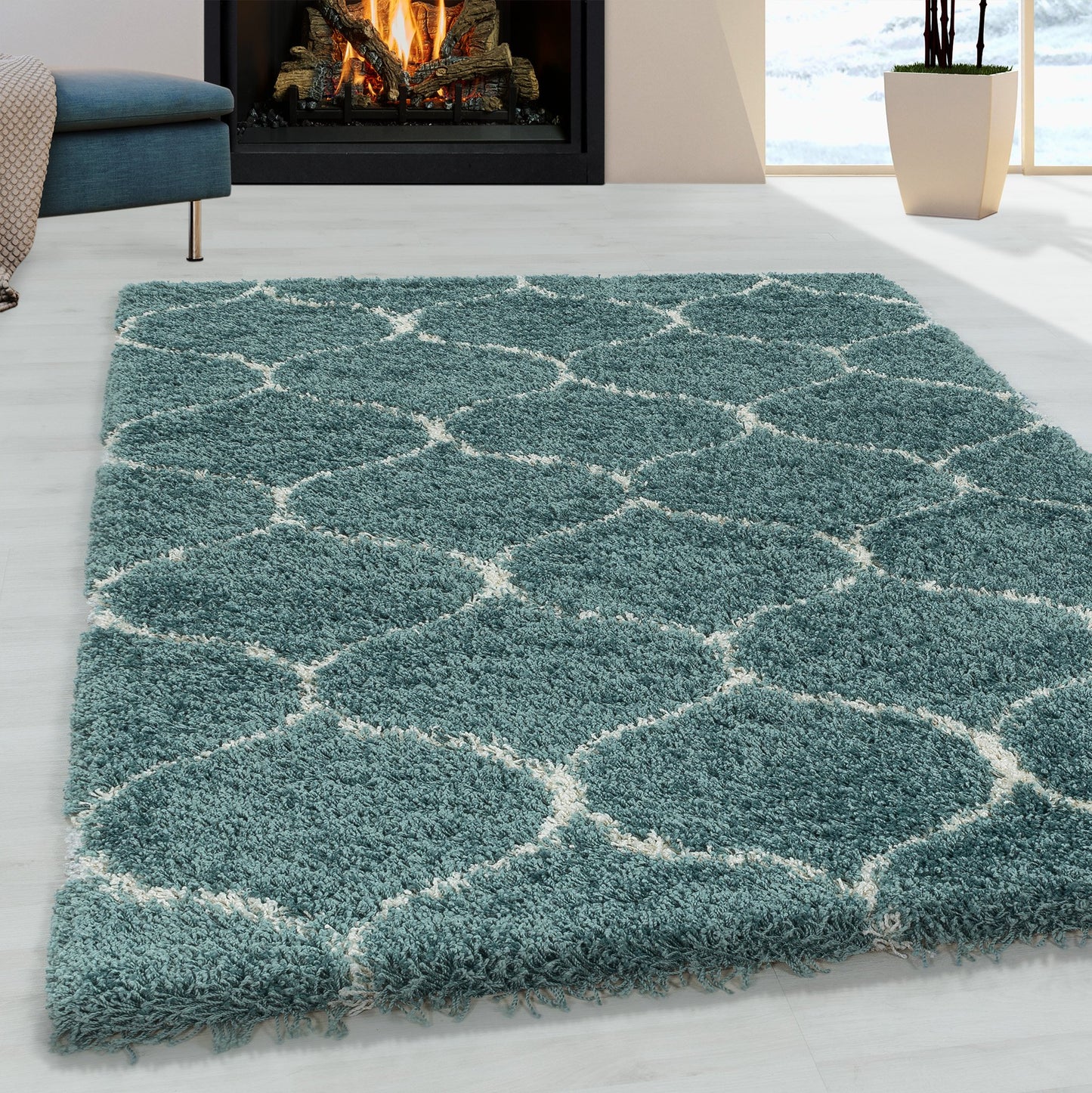 Tapis à poils longs et motifs Alhambra - Turquoise et Blanc