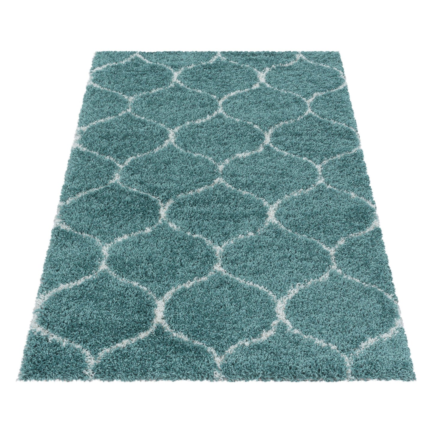 Tapis à poils longs et motifs Alhambra - Turquoise et Blanc