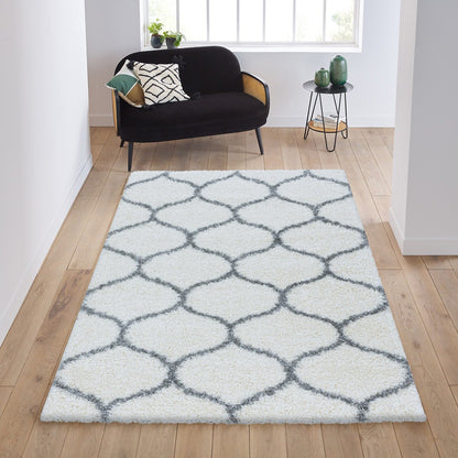 Tapis à poils longs et motifs Alhambra - Blanc et Gris